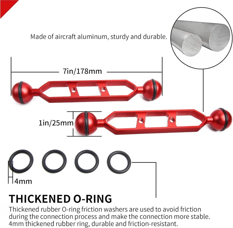 LetonPower Red 7" Underwater Aluminum Alloy Extension Arm (2-Pack) - Dual Ball System with 1" Head Connector, Waterproof & Rustproof for Diving Camera Tray/Strobe/Video Light, Scuba Photography Gear - Image 2